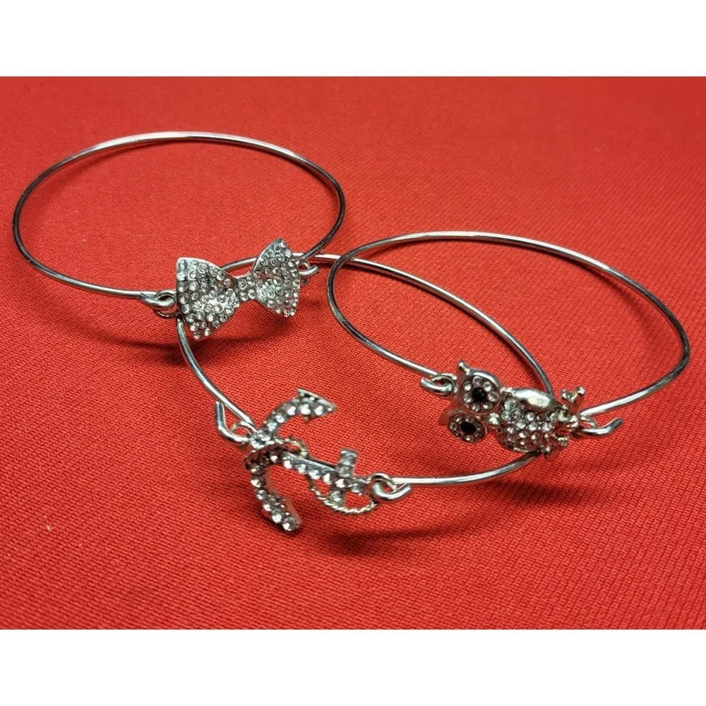Silver Bracelet Rhinestones Anchor Ribbon Owl Set of 3